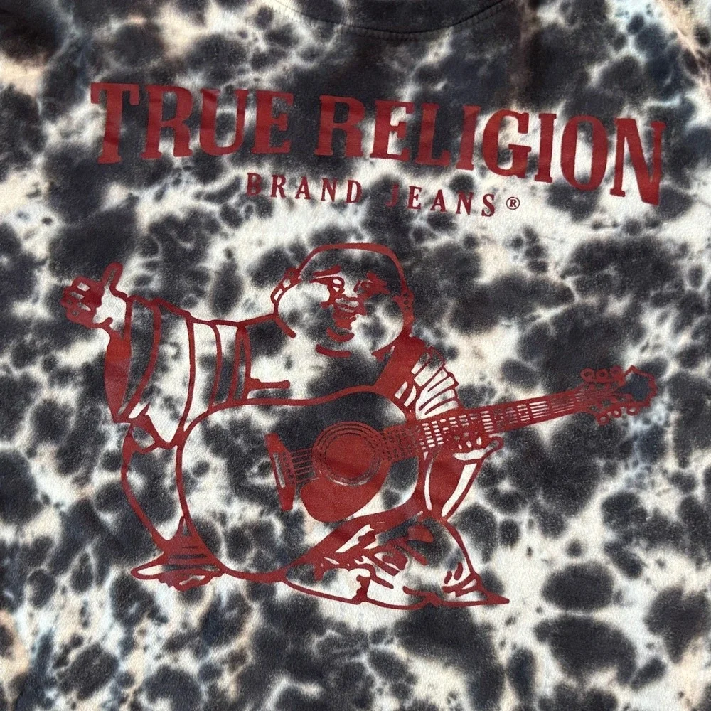 True Religion Mens Tie Dye Buddha Guitar Graphic T-Shirt Black White Red‎ Medium